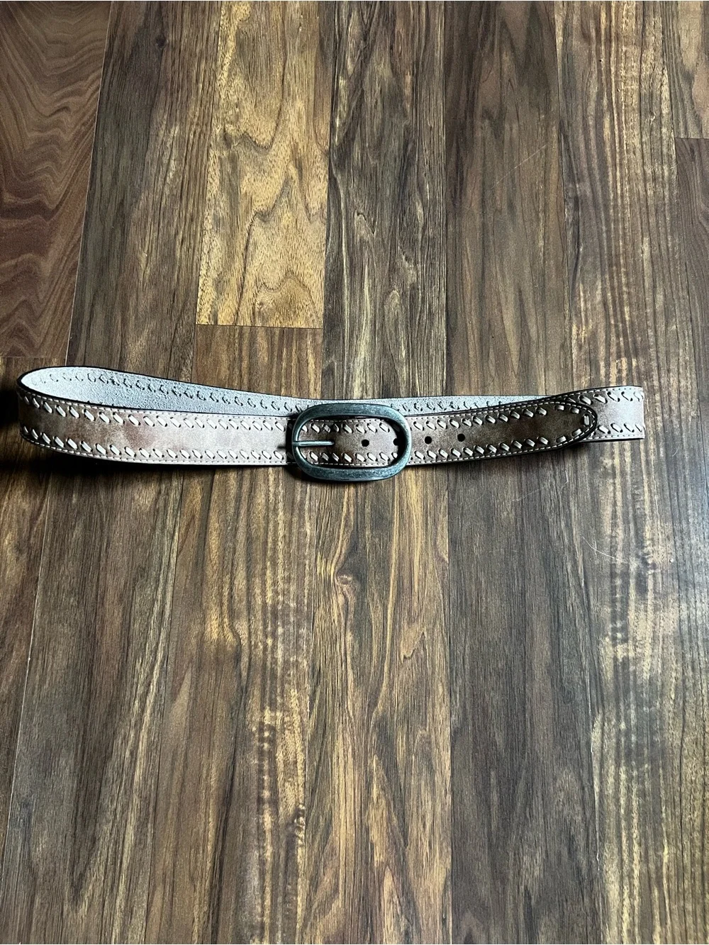Perforated Taupe Leather Belt with Oval Buckle